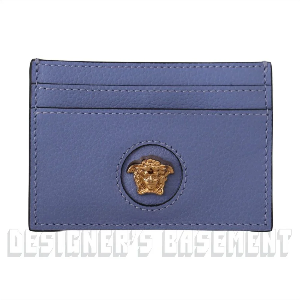 VERSACE violet gold La MEDUSA gold Logo embossed Leather Card Case hold wallet